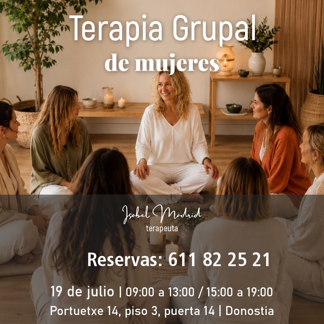 Cartel de la terapia grupal de mujeres del 19 de julio en Donostia: un círculo de mujeres sentadas en el suelo alrededor de Isabel.